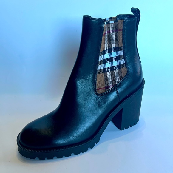 BURBERRY Women's 10 SINGLE Boot Check Panel Leather Ankle Replacement Amputee - Picture 1 of 12